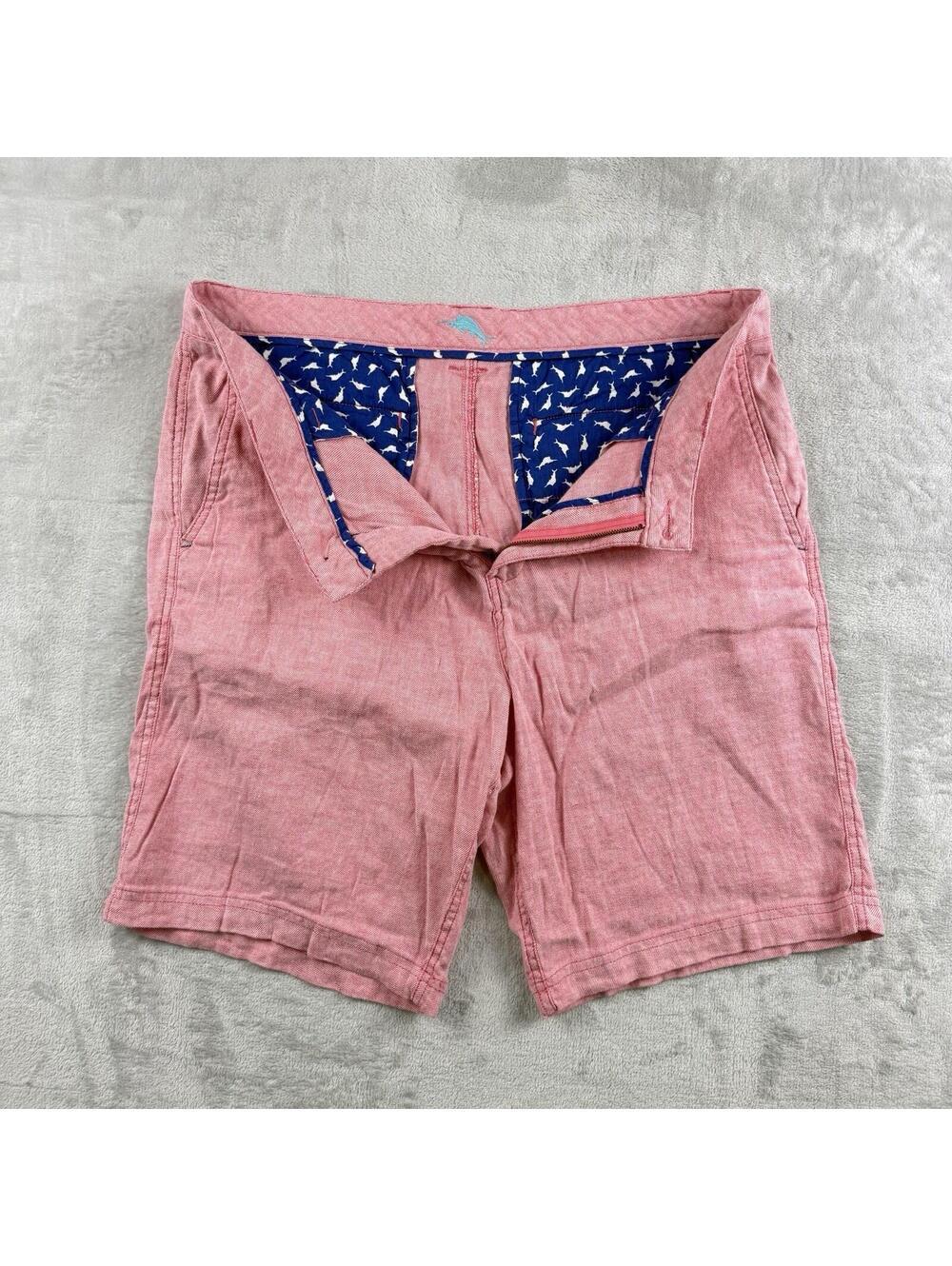 Tommy Bahama Mens 36 Pink Chino Shorts Shark Print Lined Casual Golf Resortwear